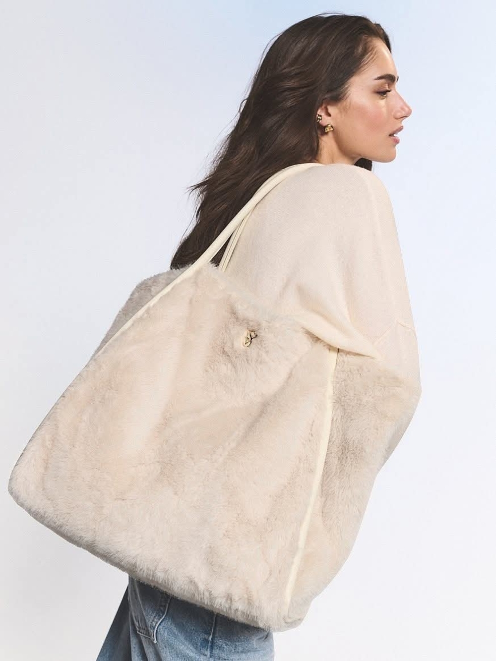 Victoria's Secret Faux Fur Tote Bag Ivory Oversized Fuzzy Shoulder Bag Nwot